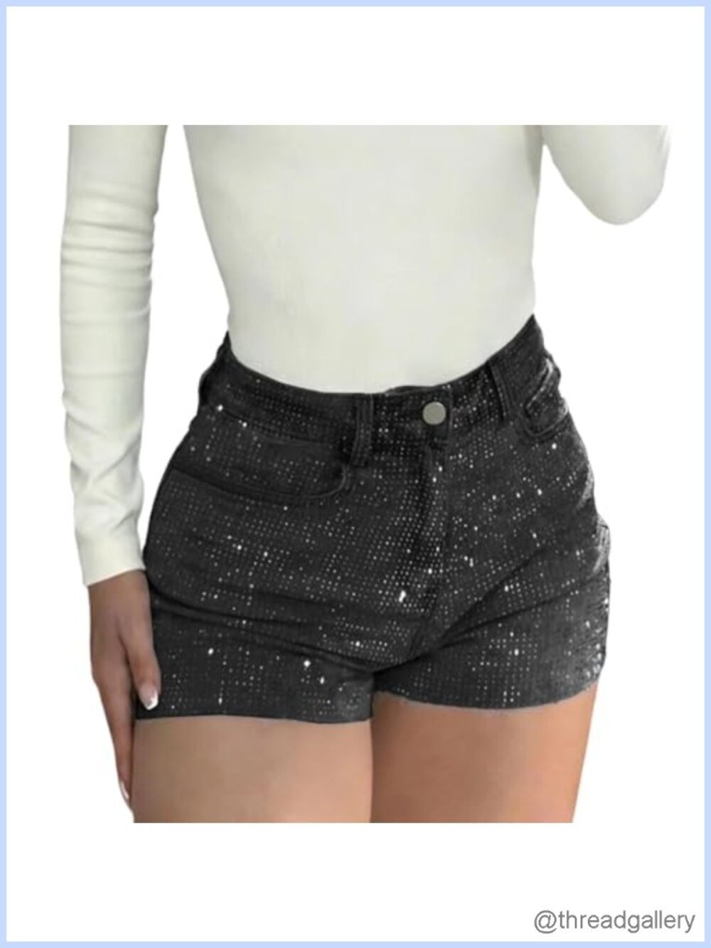 Women's High Waisted Rhinestone Denim Shorts Frayed Hem Stretch Jean Shorts